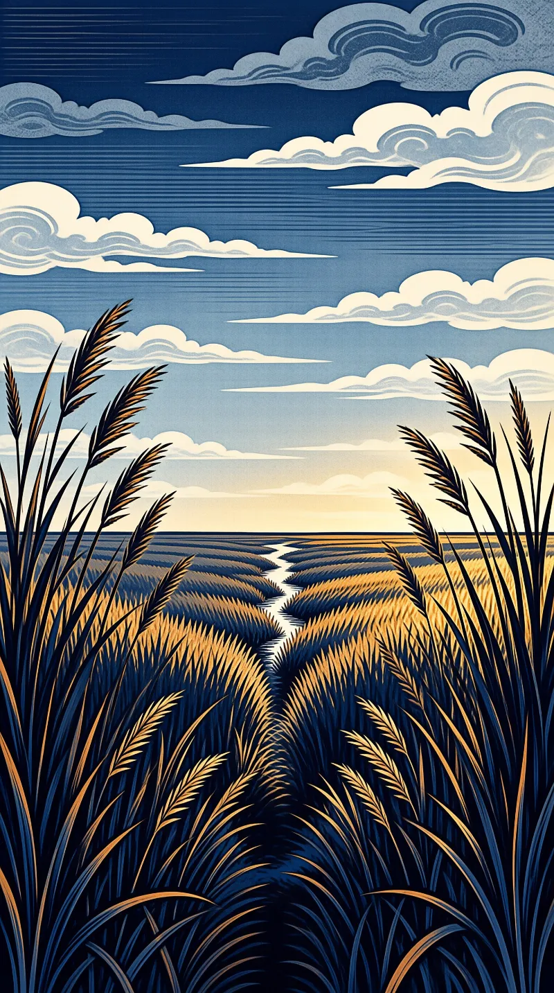 Deep navy shadows and golden highlights ripple through a wheat field beneath stylized swirling clouds.