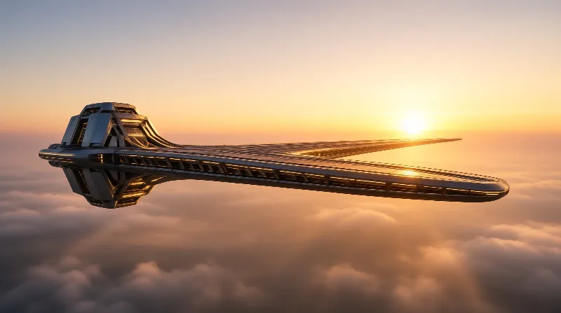 A futuristic delta wing vessel with glowing lights travels through the upper atmosphere amidst a golden sunset sky.