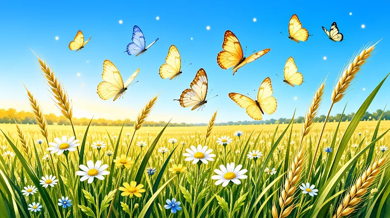 Colorful butterflies drift above sunlit wheat fields dotted with white daisies and small blue flowers under a clear sky.