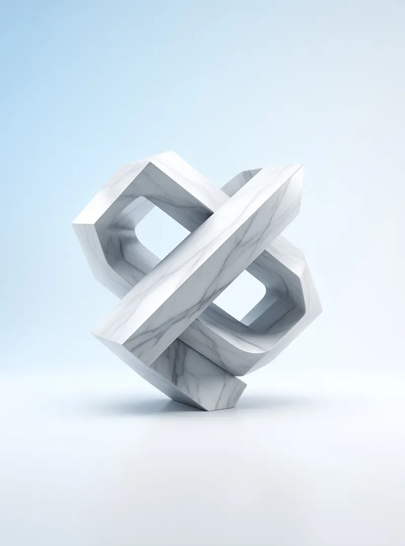 Two squared stone rings lean through each other against a soft blue backdrop, veins running across their faces.