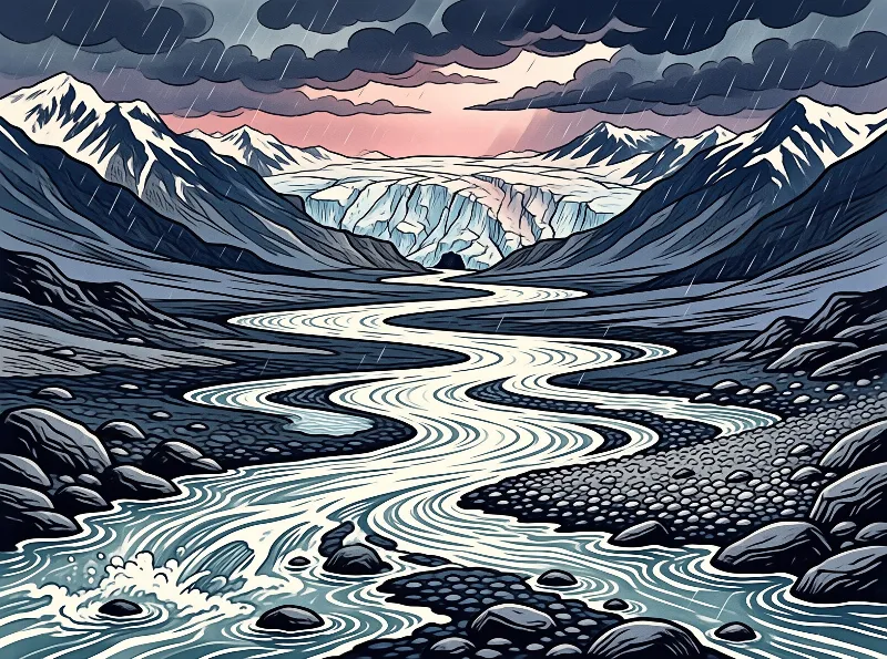 Illustrated glacial river winds through rocky terrain toward a distant ice wall under stormy clouds with a soft pink horizon light.