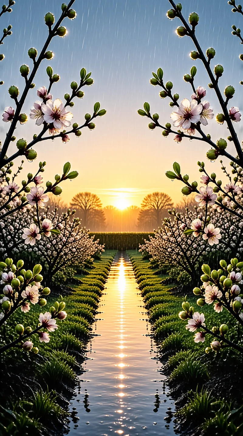Rows of flowering trees line a reflective water channel under a glowing sky while rain falls on the foreground branches.