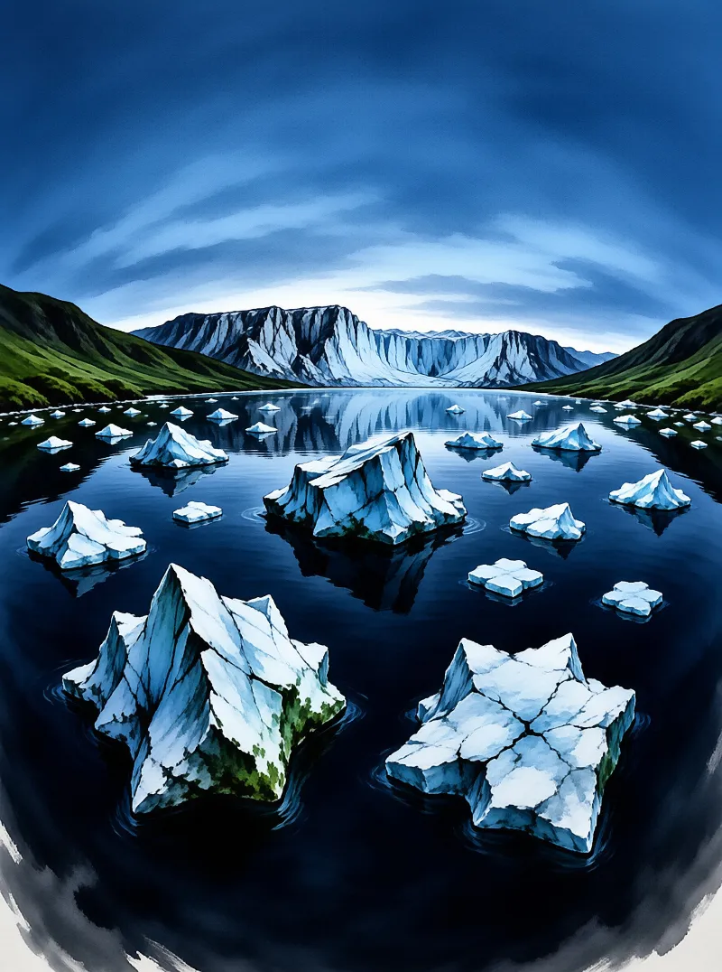 Faceted white ice floes scatter across still dark water beneath grassy slopes and a streaked snow wall