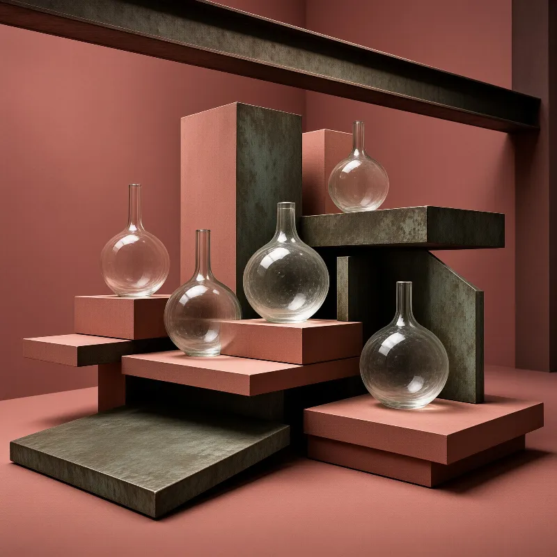 Clear glass round-bottom flasks rest on layered geometric blocks of dusty rose and dark green with soft reflections.