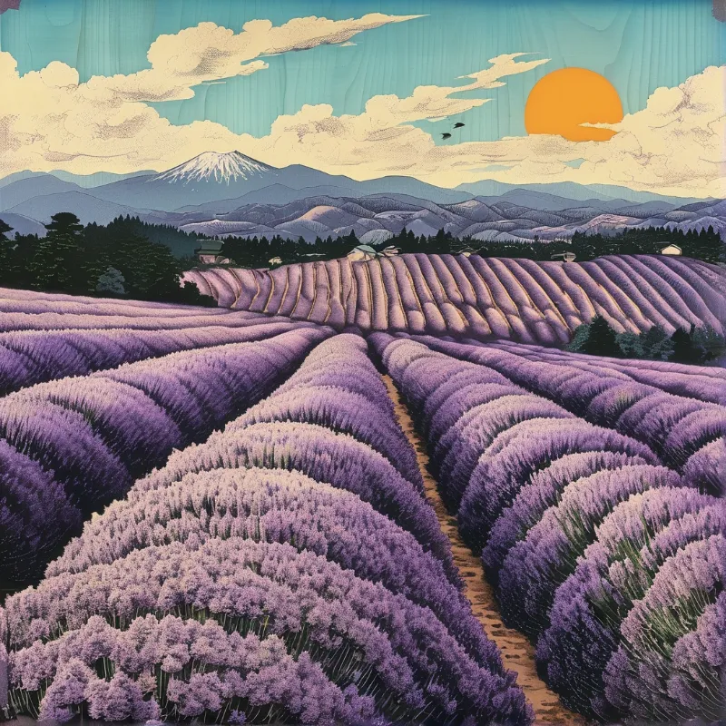 A path winds through purple lavender rows toward a snow-capped peak under a pale blue sky with an orange sun.