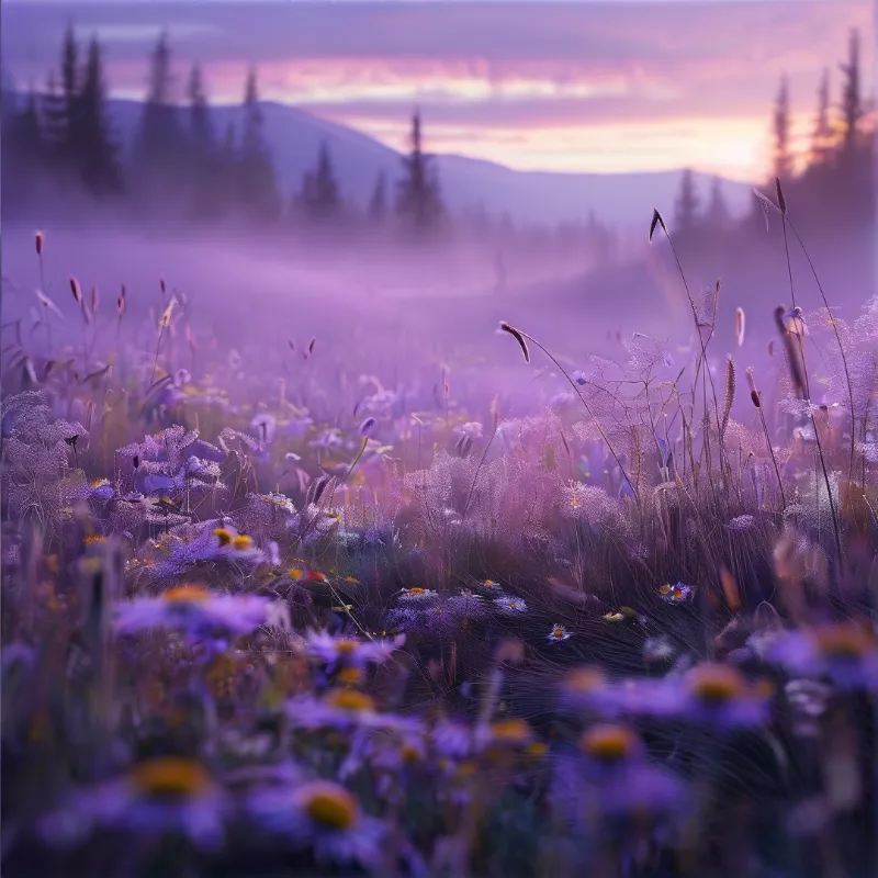 Misty Purple Wildflower Field