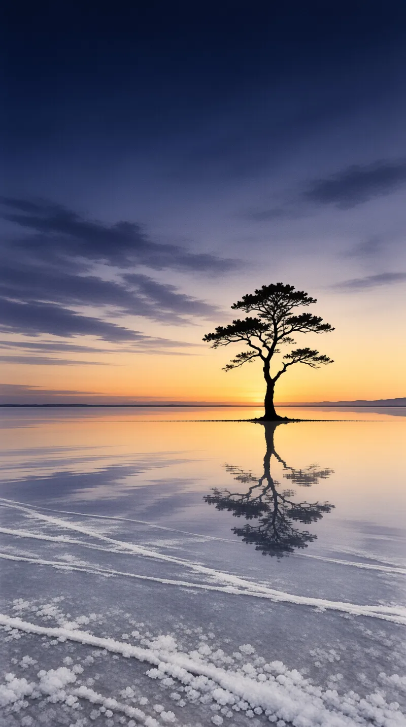 A solitary tree stands mirrored in still shallow water beneath a gradient sky fading from blue to gold.
