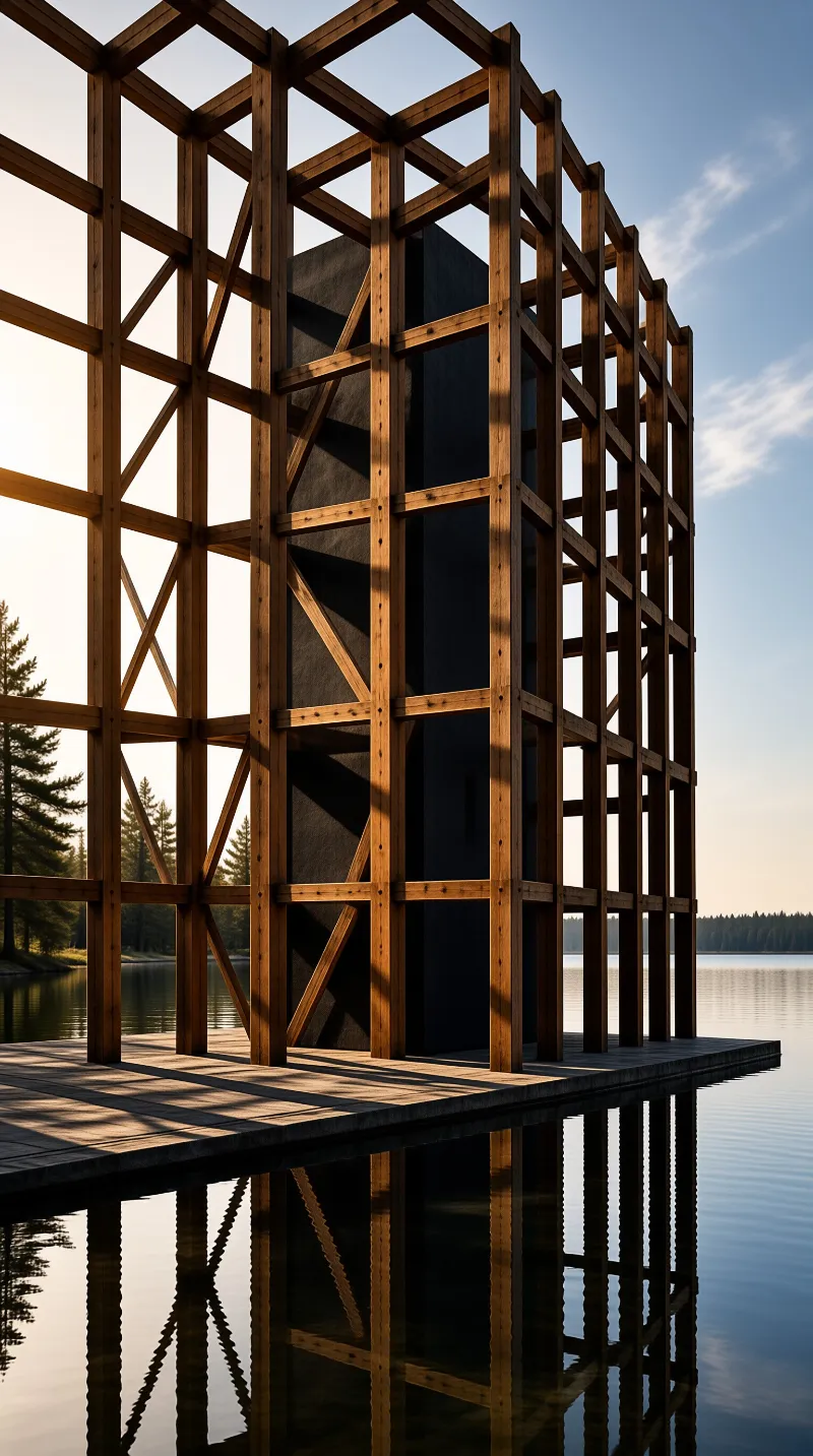 Sunlit wooden beams form an open cube around a charred tower, mirrored in the glassy surface of a forest lake.