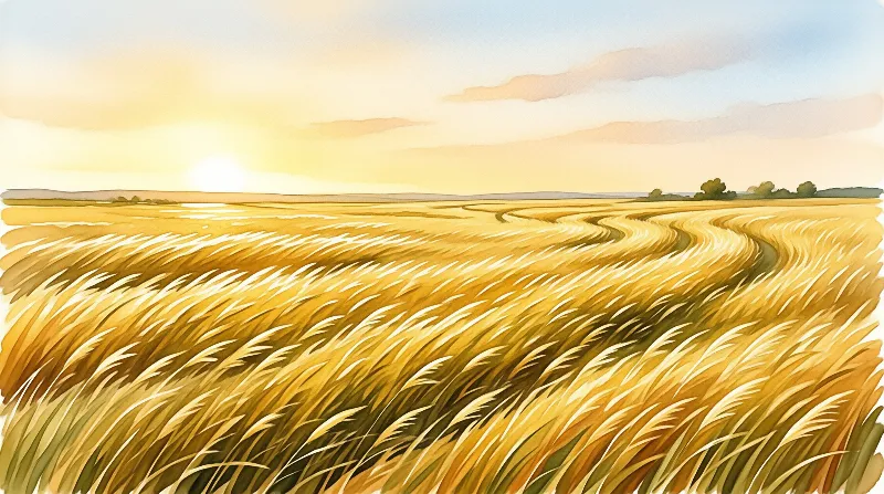 Vast wheat field with rolling grain waves under a pale sky with a low sun casting warm light