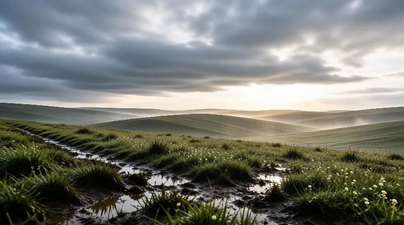 Green rolling hills under a dramatic cloudy sky with sunlight breaking through near a wet grassy path.