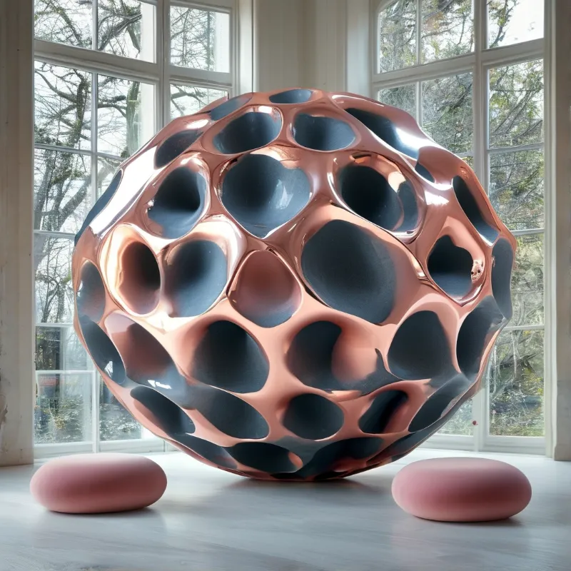A large perforated copper-colored sphere sits on a light floor beside two pink cushions, illuminated by natural light streaming through tall white-framed windows with bare trees visible outside.