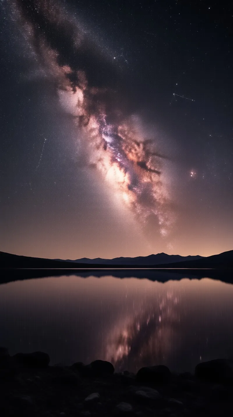A bright galactic core with dark dust lanes shines above a calm lake that reflects the stars and silhouetted mountains.
