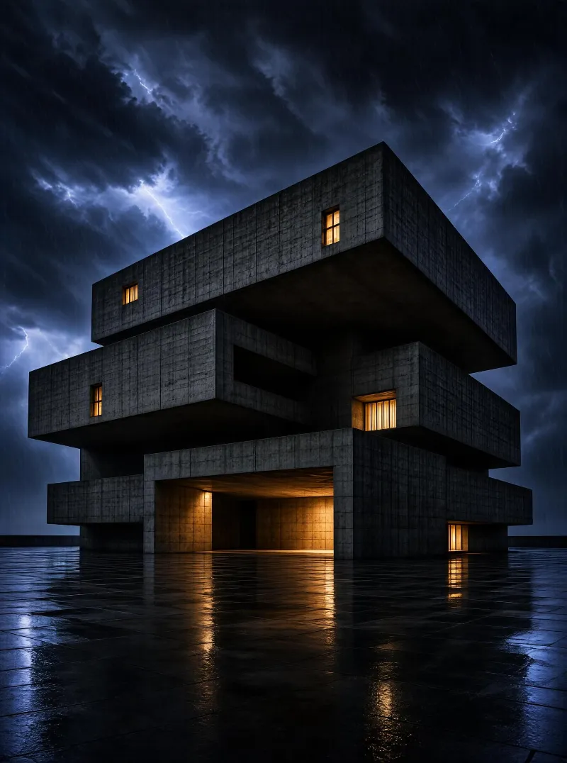Modern Concrete Building in Stormy Night