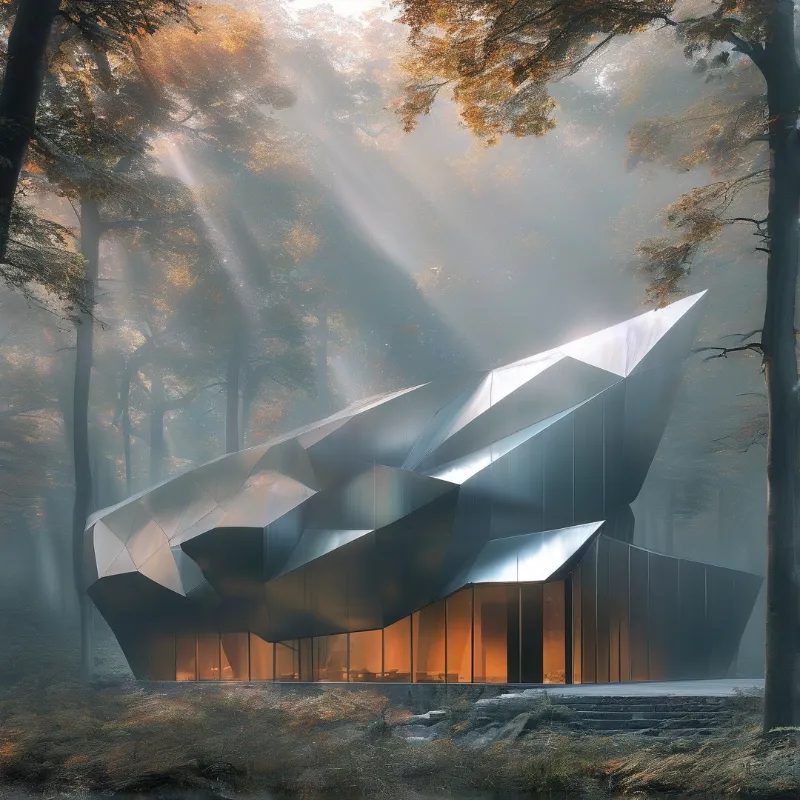 Geometric metal structure in misty forest with sunbeams and warm interior lights visible through windows.