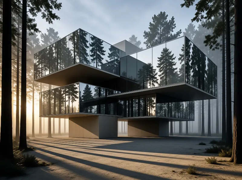Modern glass architecture reflects pine trees while long shadows stretch across the sandy forest floor.