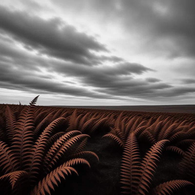 Dense reddish brown fern fronds fill the foreground beneath a heavy layer of grey clouds covering the sky.