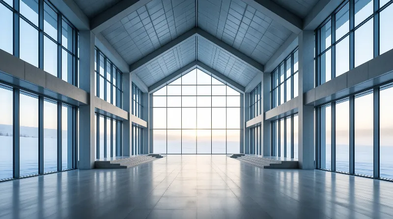 A large empty room with massive windows looks out onto a calm sea horizon under soft morning light.