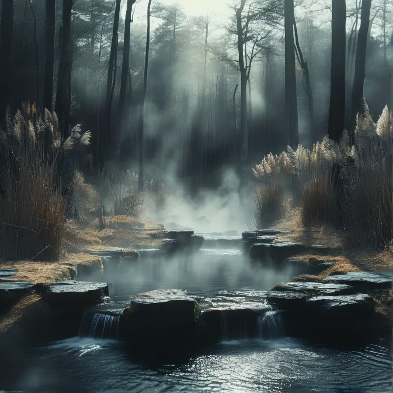 A forest stream flows between mossy rocks in a misty woodland with tall trees and reeds, lit by soft sunlight.