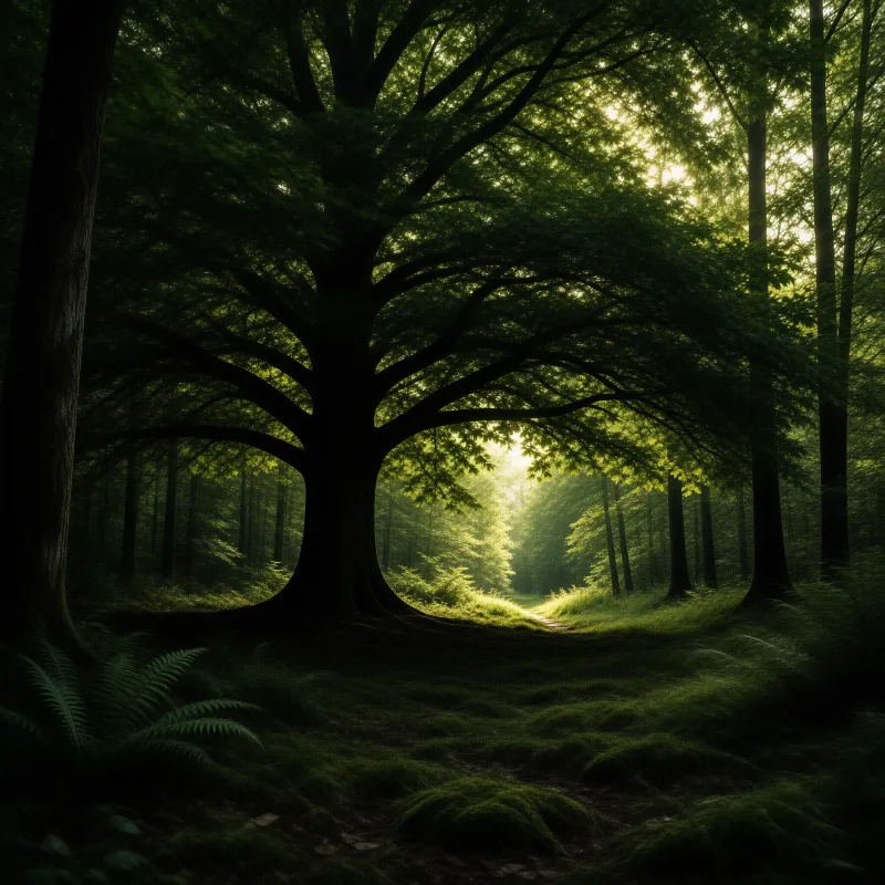 Sunlight streams through the canopy of a dense forest around a massive dark tree beside a winding dirt path.