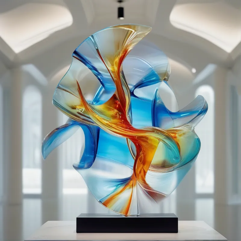 Swirling ribbons of blue, orange and amber glass crown a black plinth inside a white hall.