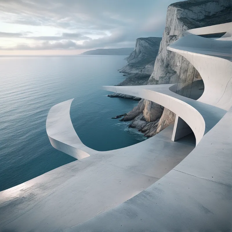 Flowing white concrete structures cantilever out from steep grey sea cliffs over a calm blue ocean beneath a pale muted cloudy sky.