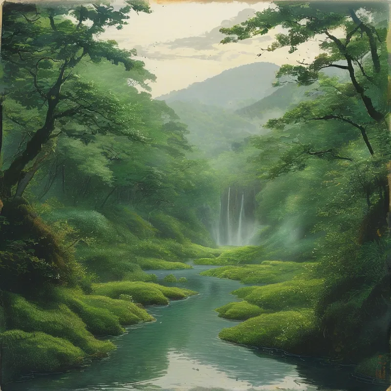 A quiet river curves past bright green banks toward a cascading waterfall hidden in fog