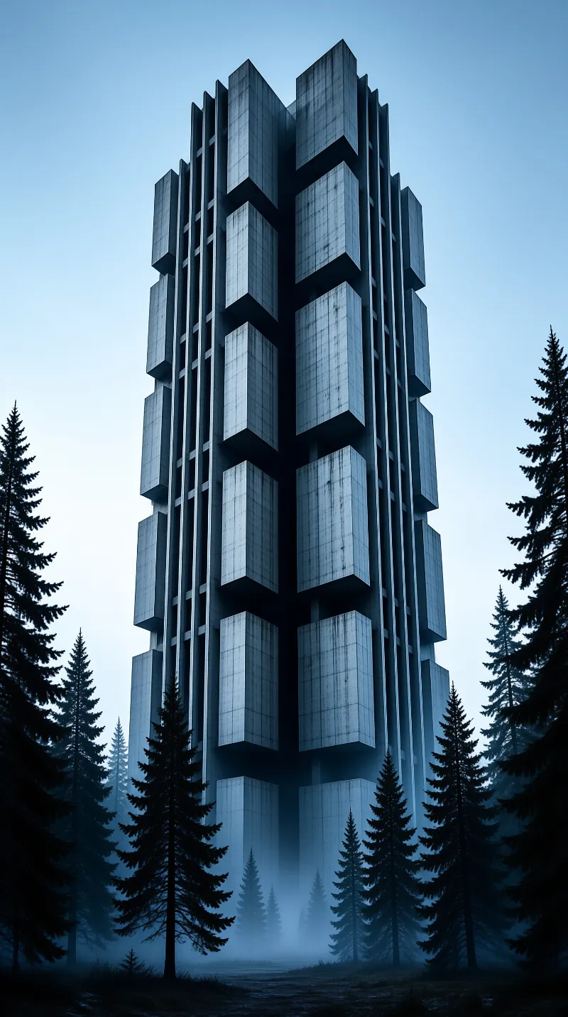 A tall brutalist concrete tower of stacked blocks looms over a misty pine forest in cold blue light.