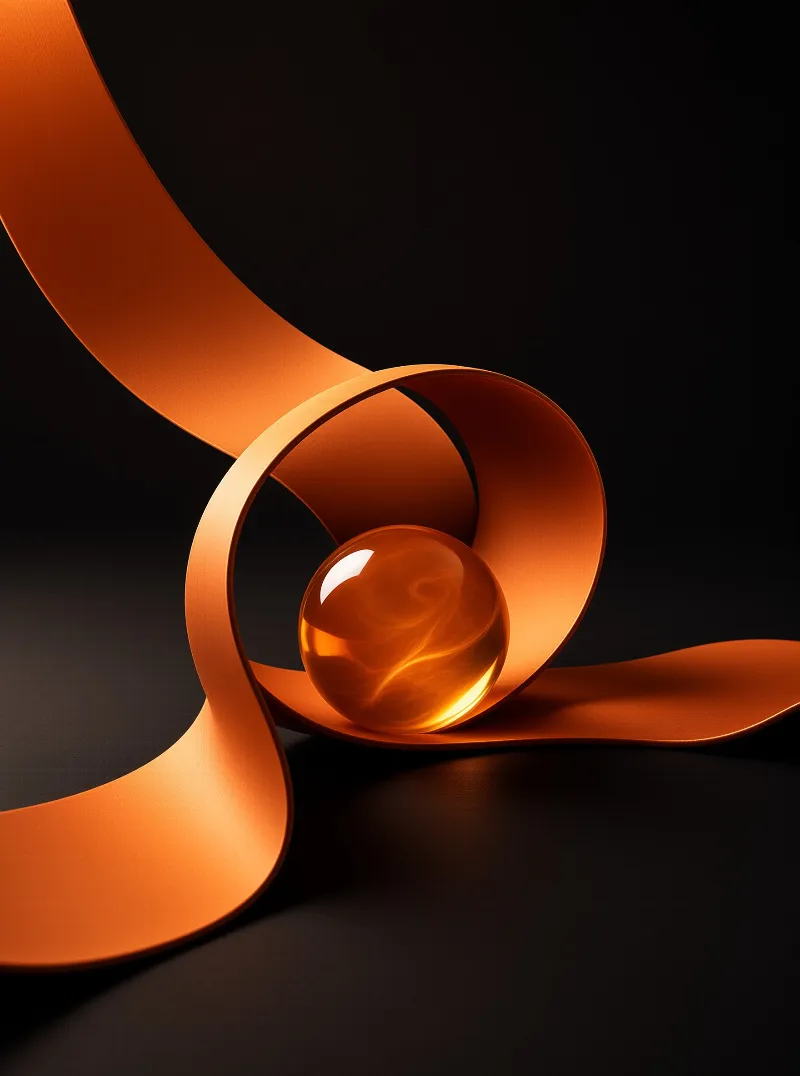 A satin copper ribbon curls through darkness around a glowing translucent amber sphere.