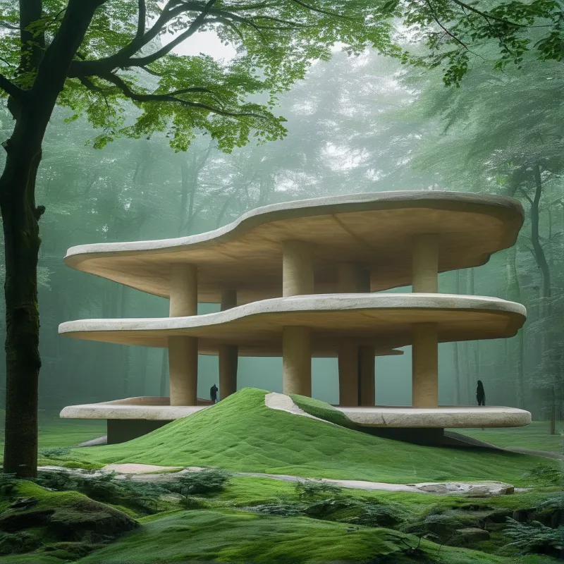 A futuristic multi level structure with wavy edges sits on mossy ground surrounded by foggy trees and green foliage.
