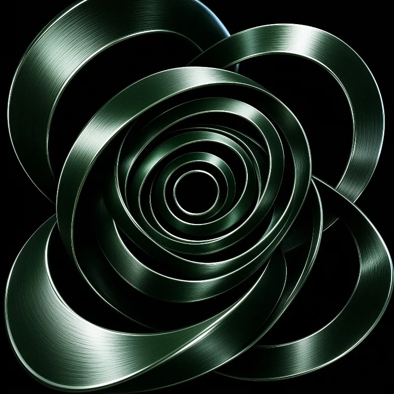 Three dimensional dark green metallic rings spiral inward against a black background with sharp edge highlights.