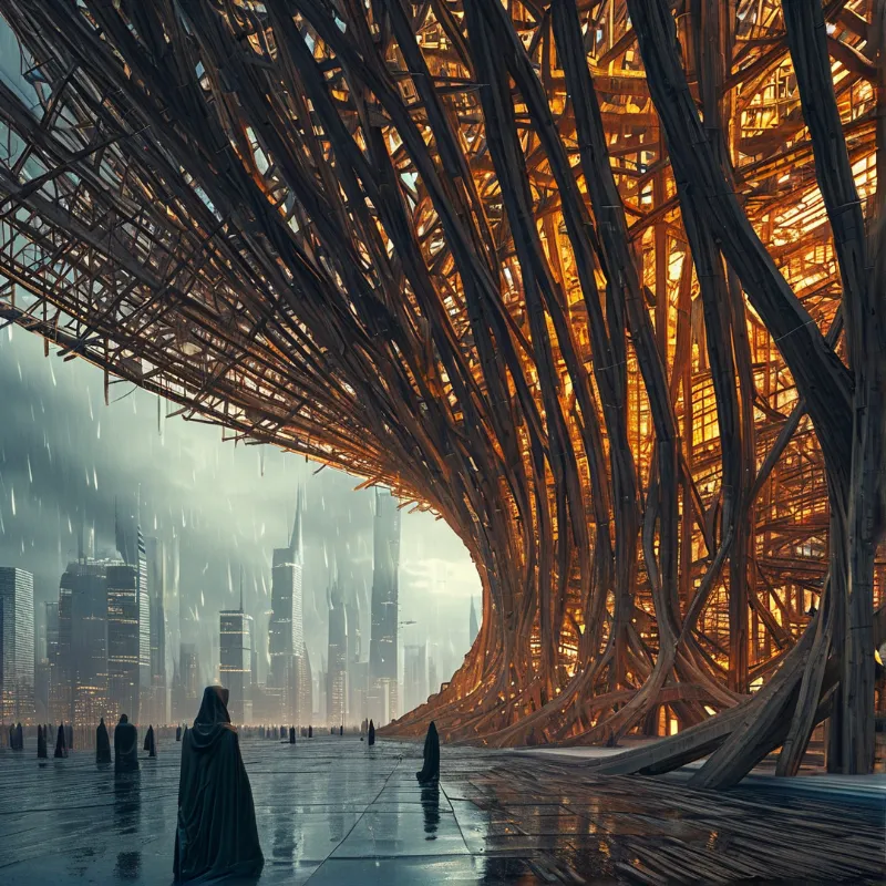 Sweeping wooden struts glow amber overhead while faceless cloaked figures stand on a flooded plaza facing a hazy skyline.