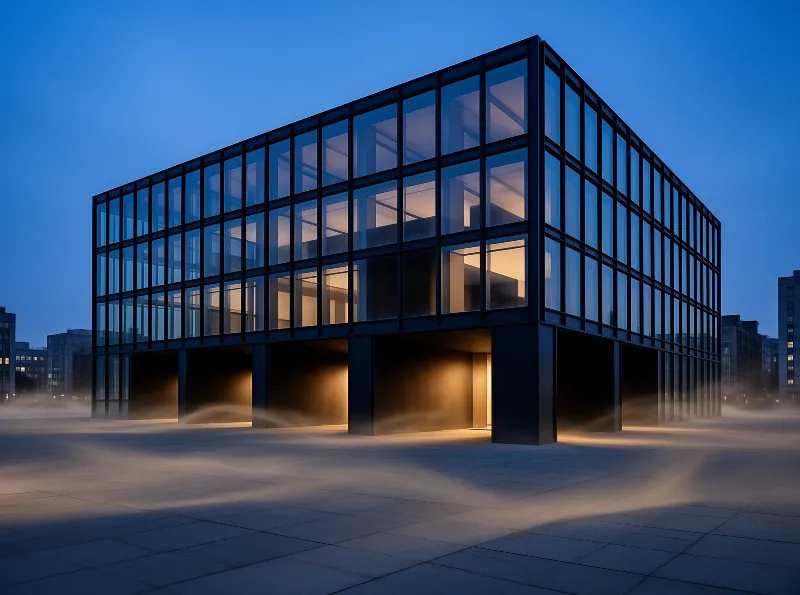 Modern Glass Office at Dusk