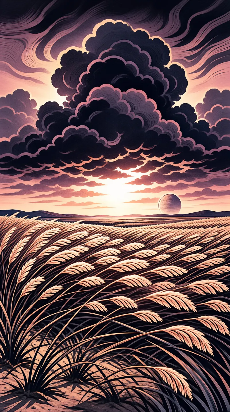 A dramatic dark plume rises above a field of bent grass while a ringed planet hangs on the horizon under a pink sky.