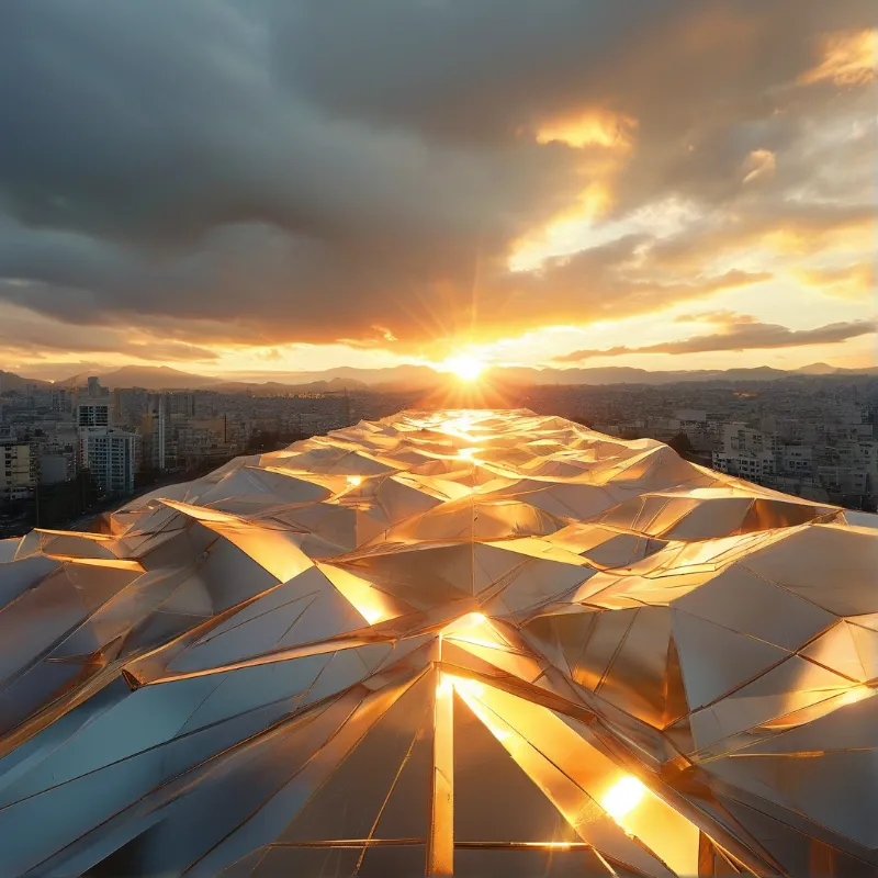 Faceted golden roof reflects setting sun rays, with sprawling urban landscape and hazy mountains below dark and golden sky.