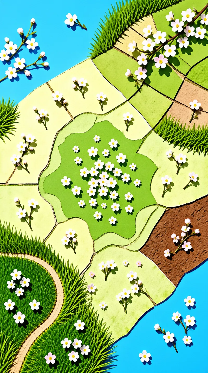 Isometric view of a green landscape with grass, earth, water, and many small white flowers scattered throughout.