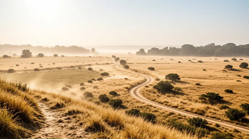 An empty dirt track curves through a sunlit grassy plain dotted with low shrubs and shrouded by morning fog.