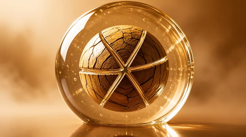Cross-grooved walnut shell suspended in a golden translucent capsule with tiny bubbles against a warm blurred background.