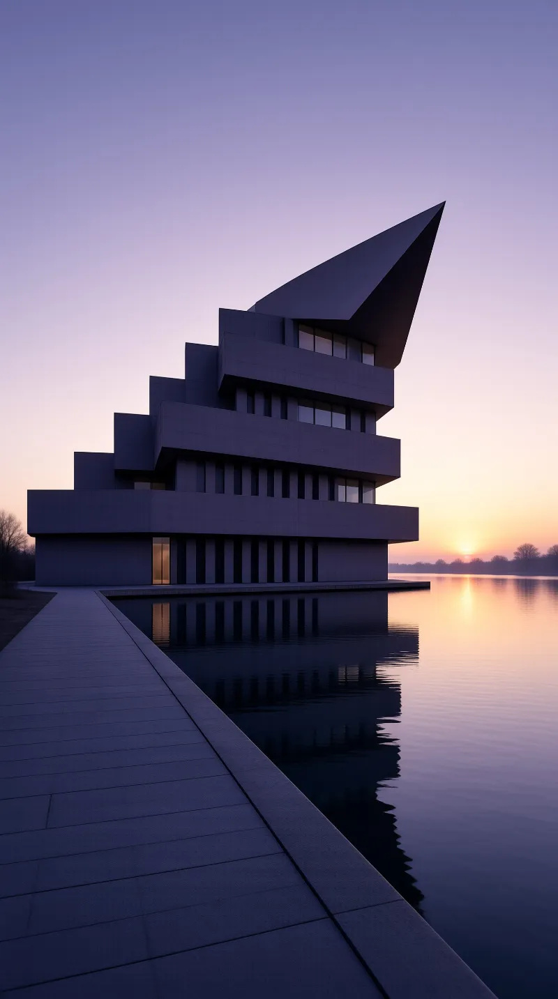 A sharply angled building with stacked terraces stands over a mirror-like lake at sunset.