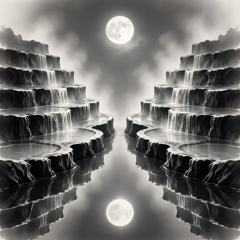 Symmetrical terraced waterfalls flow into a reflective pool beneath a bright full moon in a misty night sky.