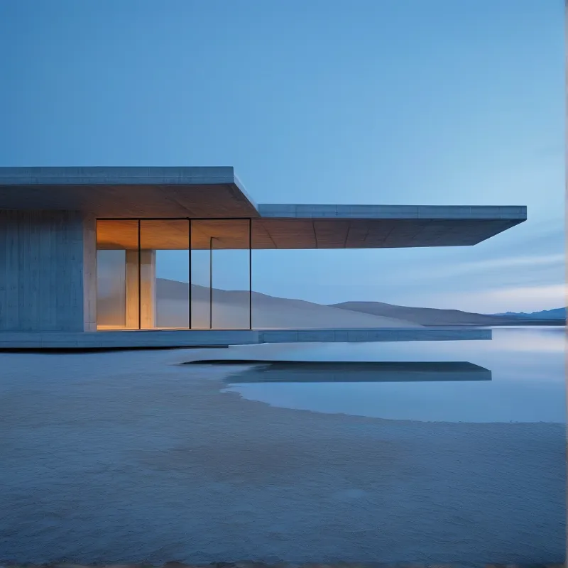 Modern concrete house with glass windows sits on water reflecting the blue twilight sky and warm interior light.