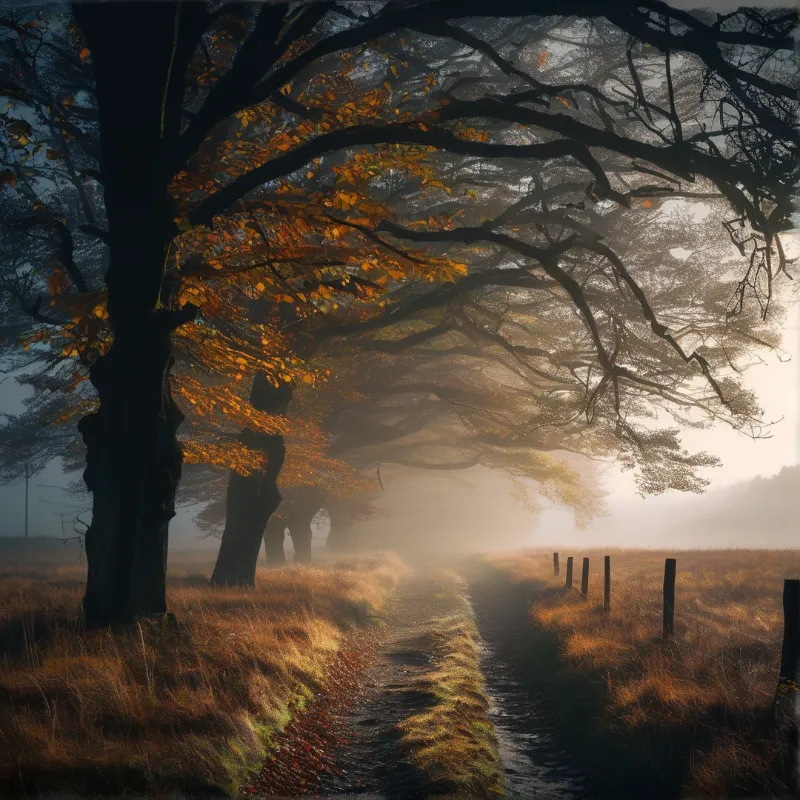 A row of deciduous trees bends over a dirt track while golden sunlight breaks through the morning fog in the distance.