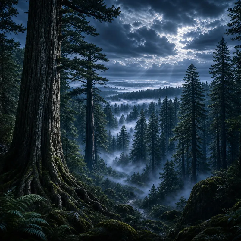 Misty Night in an Ancient Redwood Forest