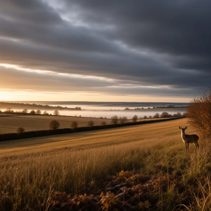 A solitary deer stands on a sun-drenched meadow looking out over foggy fields and darkening skies.