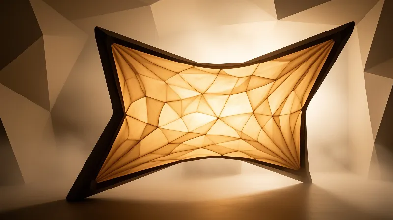 A modern lamp emits warm light through a fractured surface within a minimalist architectural setting.