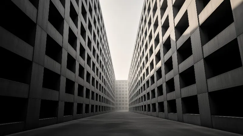A low angle view of two tall concrete buildings with grid patterns creating a narrow corridor of light.
