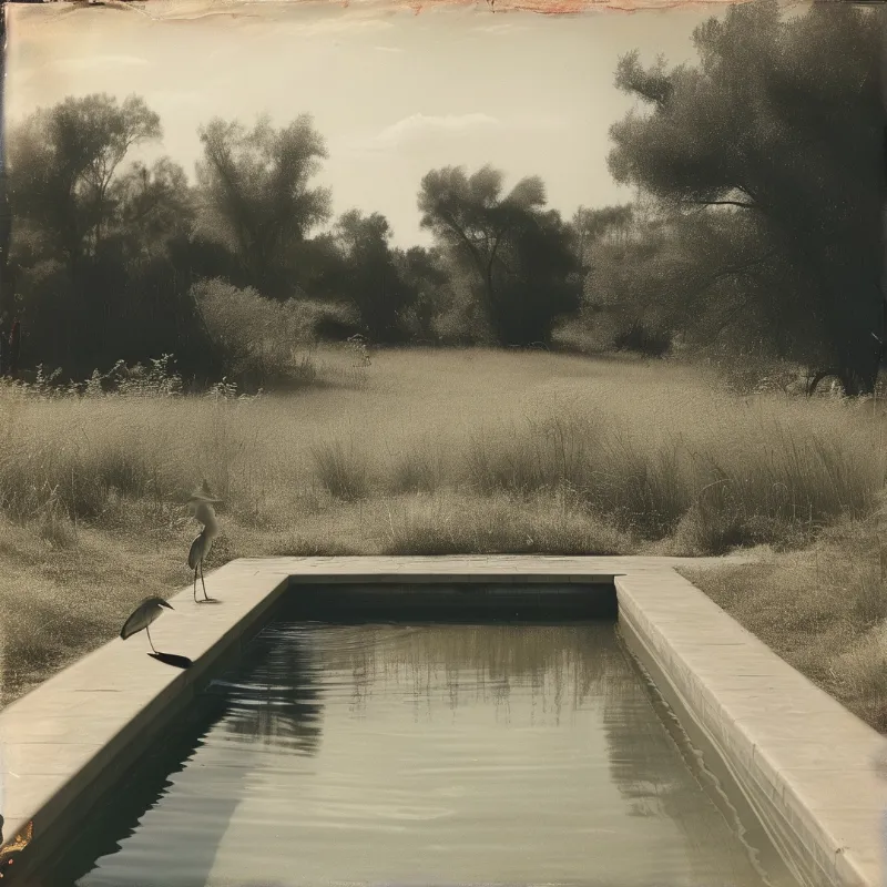 Two herons stand beside a stone-edged pool in a grassy field under soft, diffused light.