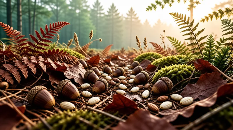 Forest floor displays acorns and seeds among mossy patches and rust-colored ferns under soft morning light.