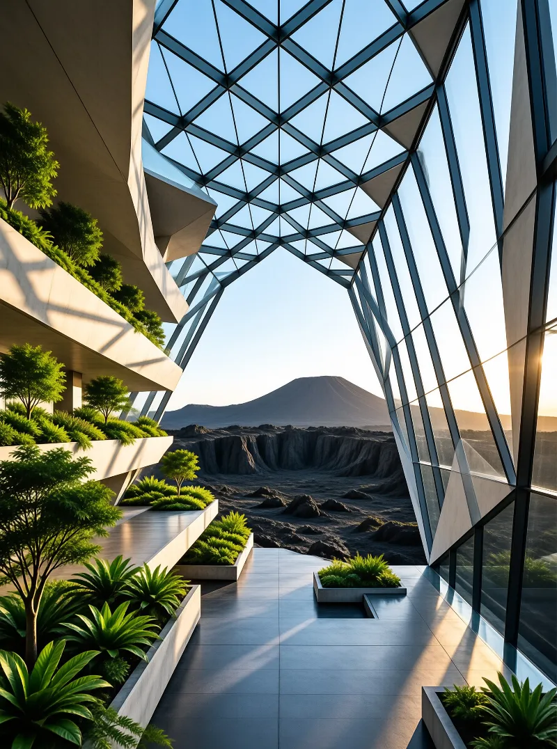 Modern walkway with glass walls and plants overlooks a rocky volcanic crater during golden hour light.