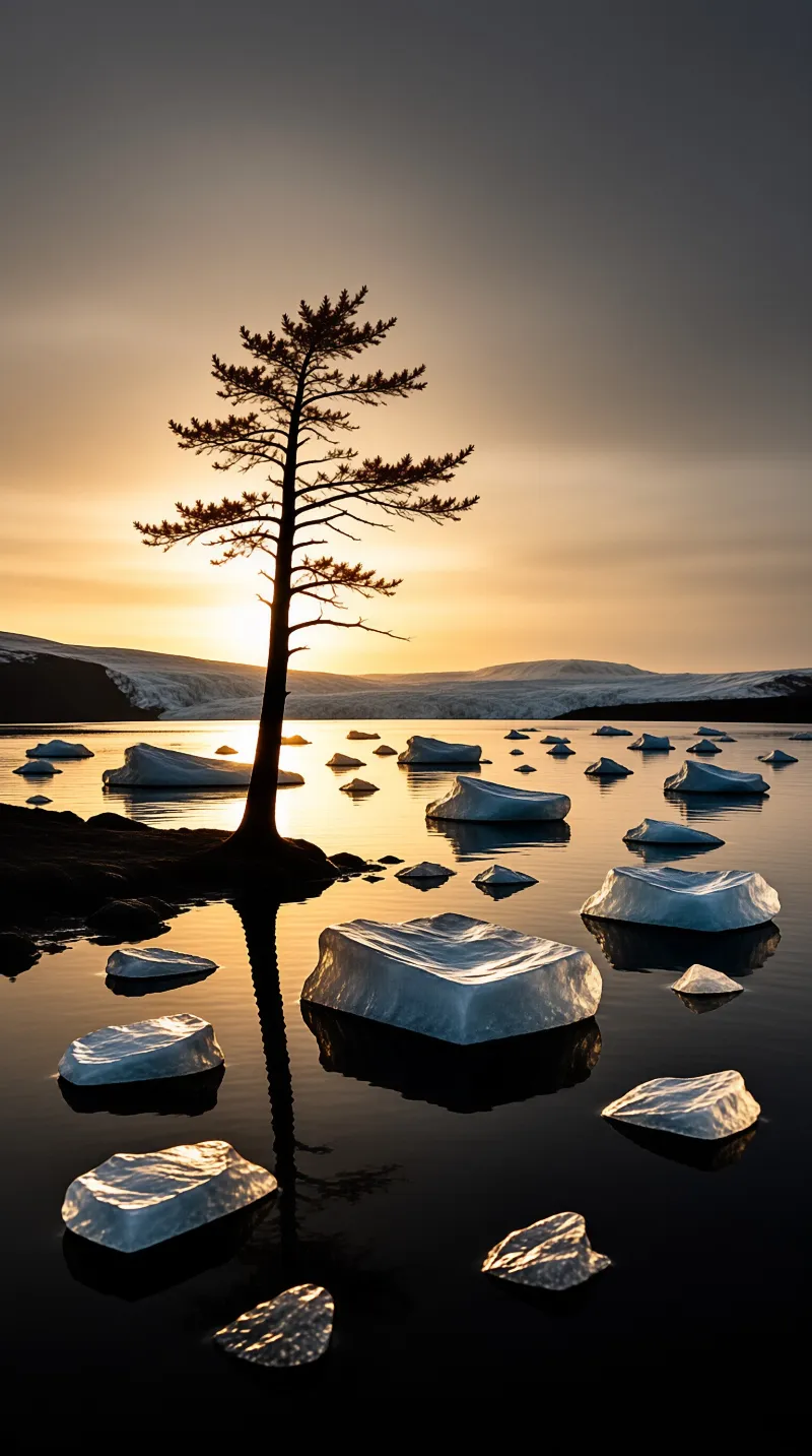 A lone pine tree stands in dark water amidst floating ice floes under a golden sunset sky with snow capped hills in the background.