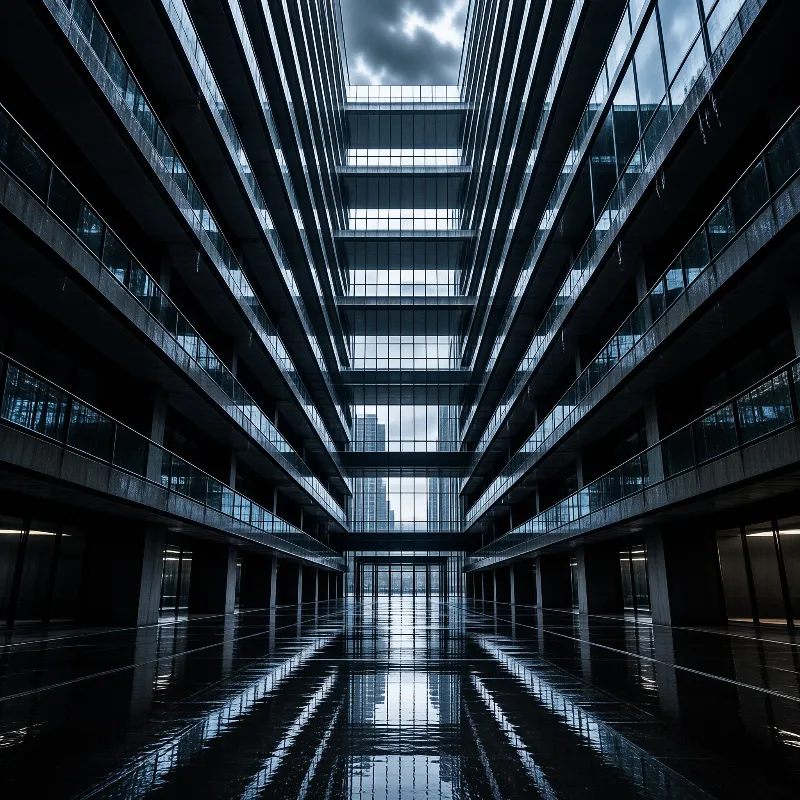 Inside a multi story glass atrium where cool blue light reflects off the concrete floor beneath a cloudy sky.